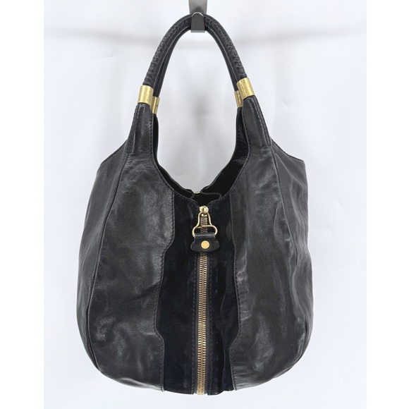 Jimmy Choo Mandah Black Leather Suede Expandable Hobo Bag Gold Hardware - Picture 3 of 12